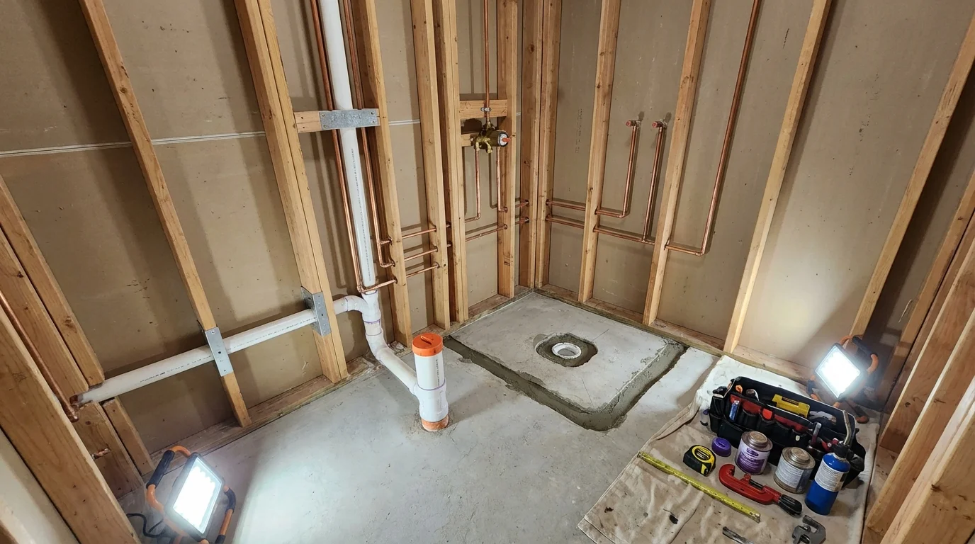 Bathroom rough-in plumbing during remodel by Johns Plumbing LLC in Scobey