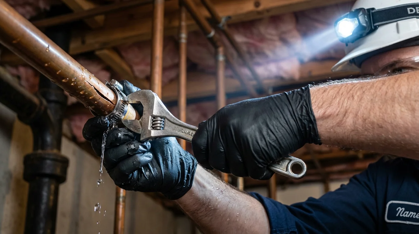 Emergency pipe clamp repair being performed by a Johns Plumbing LLC plumber in Scobey