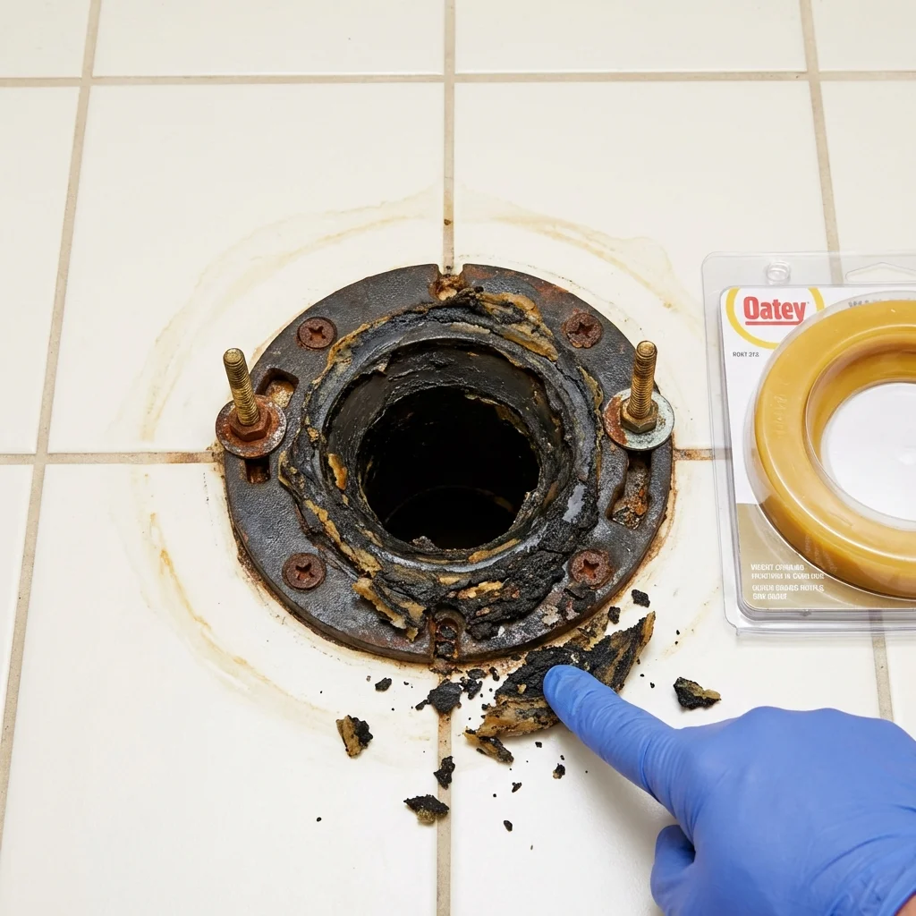 Failed wax ring showing water seepage at the base of a toilet in a Scobey, MT home