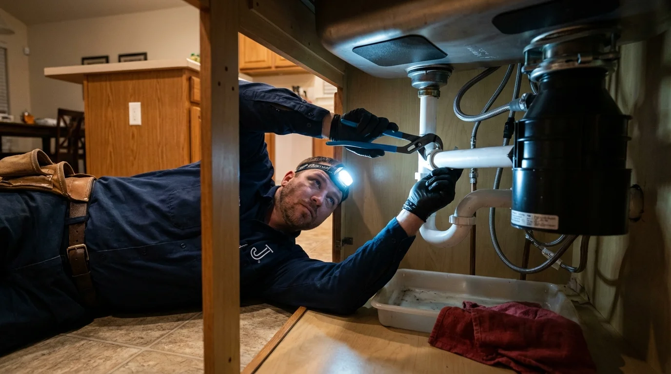P-trap and supply line connections under a kitchen sink showing a common leak point in Scobey, MT